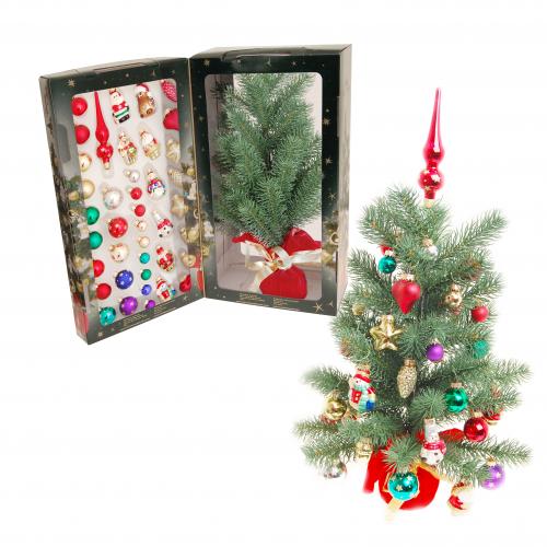 Mini Weihnachtsbaum (45cm) mit Minikugeln: 8 Unikugeln (2cm), 6 bemalte Kugeln (3cm), 8 Figuren/8 Unikugeln/8 Glasornamente (3cm), rot glnzende Spitze (12cm) im Karton (50 Teile, inkl. Kugelaufhnger, Metall) (VE)