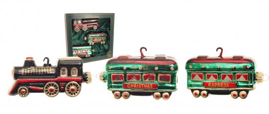 Xmas Nachtzug, 3-teilig, 1 Lokomotive, 2 Weihnachtsexpress Wagons, schwarz/grn/rot je 15cm (VE)