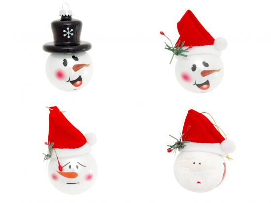 Kugel mit Schneemann- und Santa-Deko mit Hüten 5,7cm (VE)