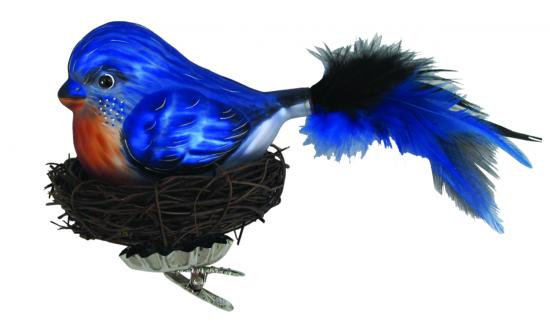 Vogel blau mit Nest aus Zweigen Glas-Ornament 20cm (VE)