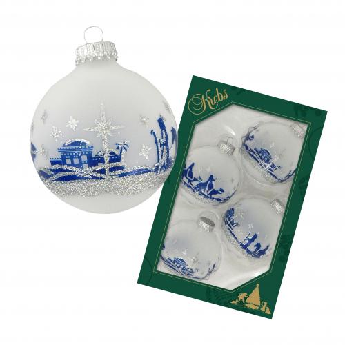 Weißmatte Glaskugel 7cm mit blau/silberner Bethlehem Scene (VE)