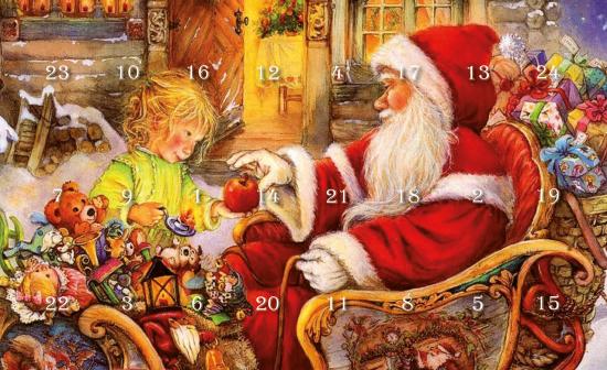 Mini-Adventkalender - Weihnachtsmann mit Mädchen mit 8 Glas-Figuren, 8 Unikugeln aus Glas, 8 Glas-Formen 3cm (VE)