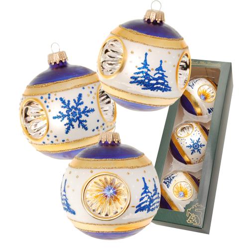 Blau/Silber/Gold glanz 8cm Glaskugeln mit Reflex 3-fach, mundgeblasen und handdekoriert mit Baum und Schneestern bestreut mit blauem Glitter (VE)
