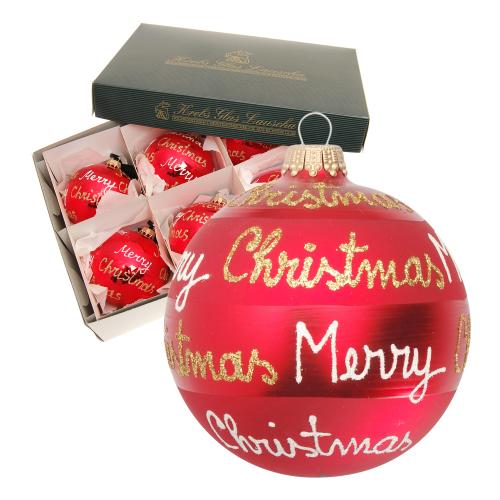 Rot glanz 8cm Glaskugel mundgeblasen und handdekoriert Merry Christmas (VE)