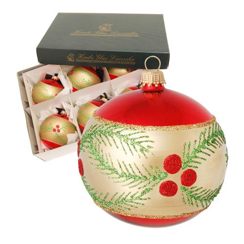 Rot glanz/Gold matt 8cm Glaskugel mundgeblasen und weihnachtlich handdekoriert (VE)
