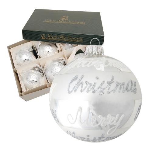 Silber 8cm Glaskugel mundgeblasen und handdekoriert Merry Christmas (VE)