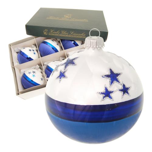 Eislack weiß/blau 8cm Glaskugel mundgeblasen und handdekoriert mit blauen Sternen (VE)
