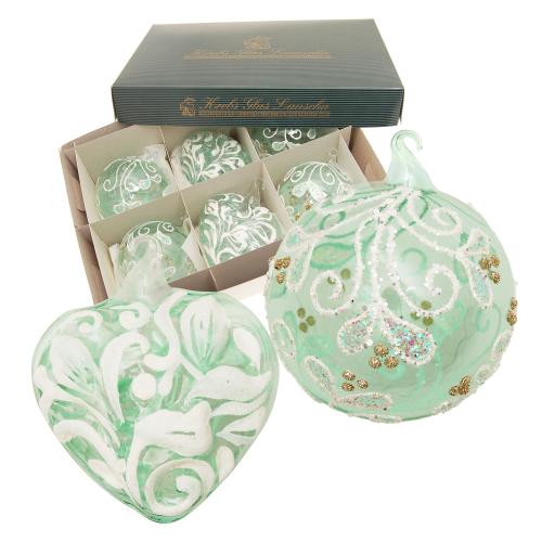 Relaxed Xmas Set Floral Mint, 6-teilig, 2 Reliefherzen, 4 Kugeln, unversilbert, Glasse, pfefferminzgrn, 8cm (VE)