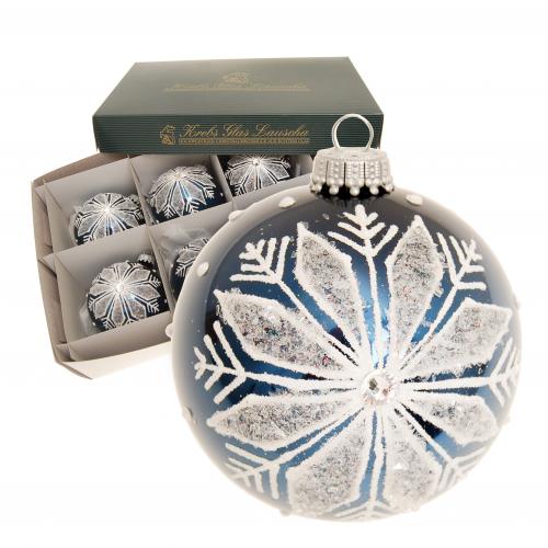 Glaskugel Schneeflocke mit Strass (Blaue Weihnacht), Cobaltblau Glanz, 8cm (VE)