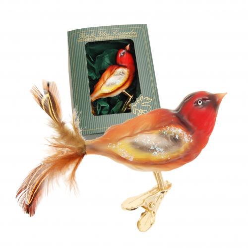 Glasvogel Stieglitz, Rot/Orange, 12cm mit 5cm Echtfedern (VE)