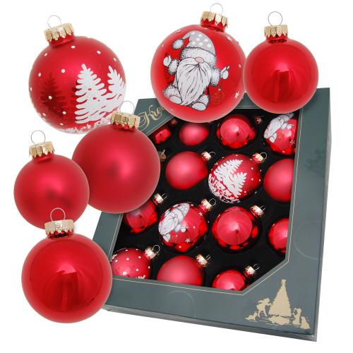 16teiliges Sortiment rote Weihnacht glanz/matt unifarben/dekoriert mit Wichteln/Winterwald (5cm/6cm/6,7cm) (VE)