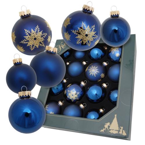 16teiliges Sortiment blaue Nacht glanz/matt cobaltblau unifarben/dekoriert mit goldenen Schneeflocken (5cm/6cm/6,7cm) (VE)